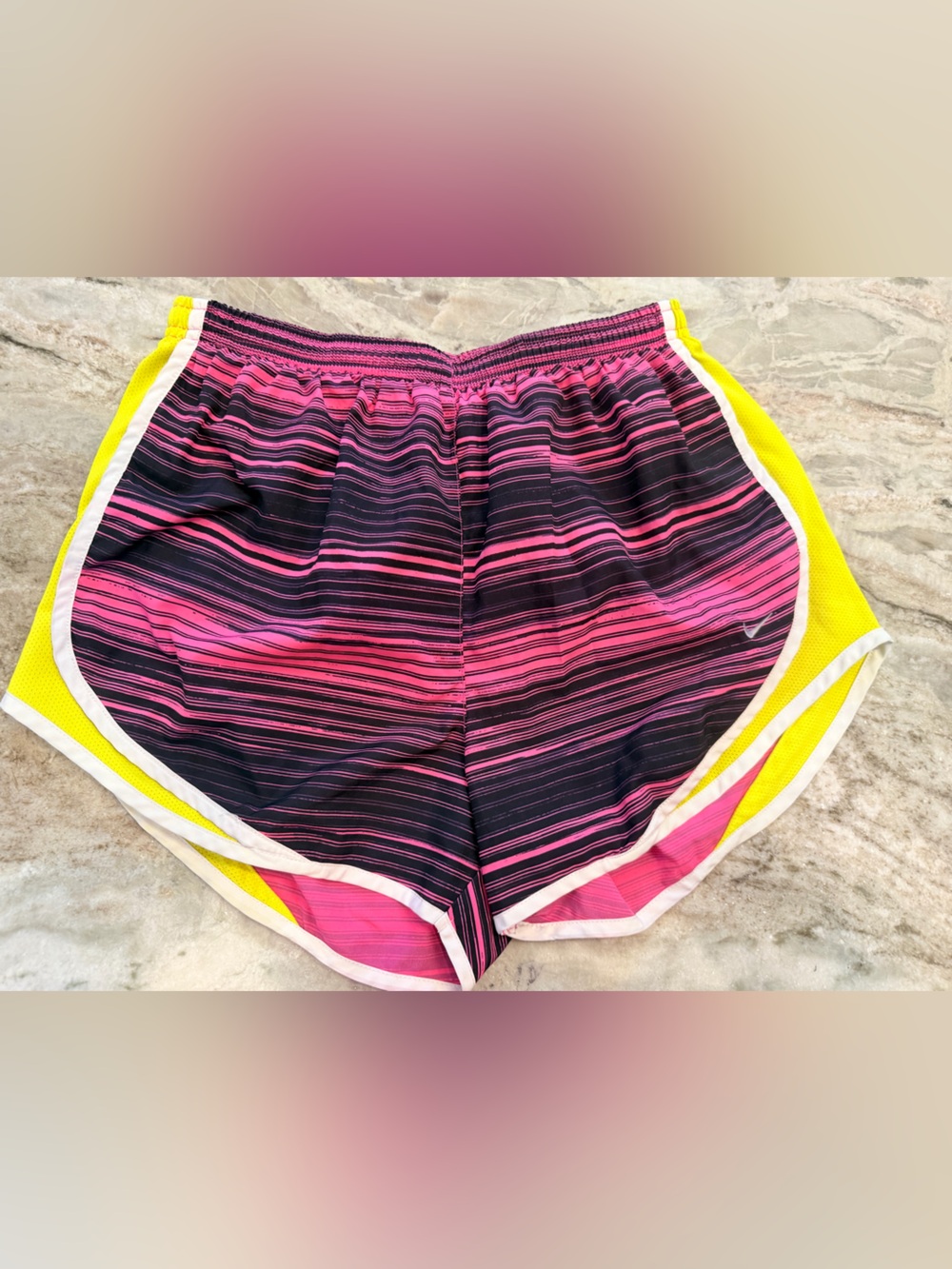 Nike Dri-FIT Tempo Running Shorts Pink Black Striped Neon Yellow M